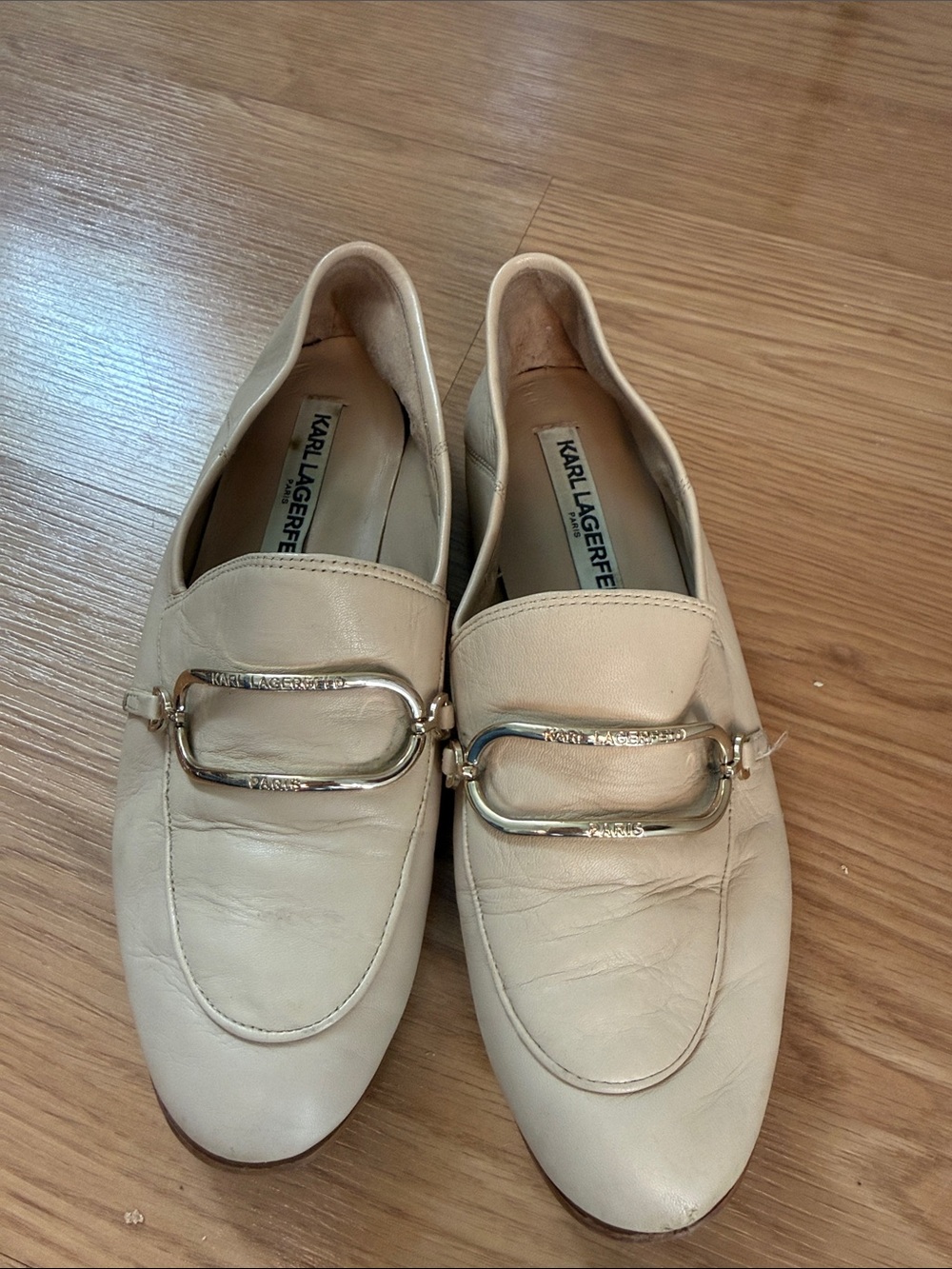 Karl Lagerfeld Cream Buttery soft Leather Slip-On Loafers with Gold Hardware
